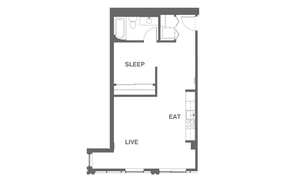 1x1 G Open - 1 bedroom floor plan layout with 1 bathroom and 651 square feet